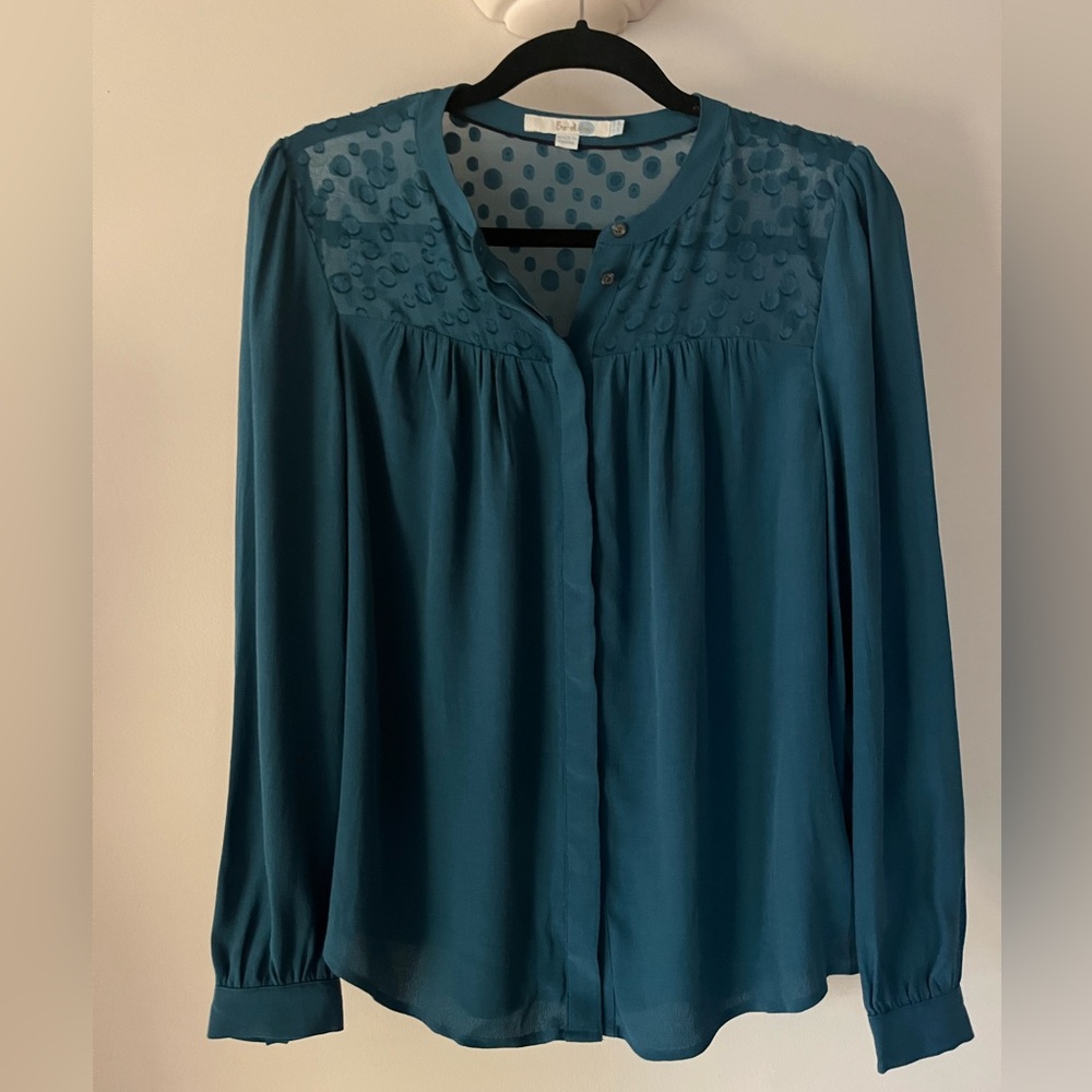 Boden Teal Dot Yoke Long-Sleeve Blouse
